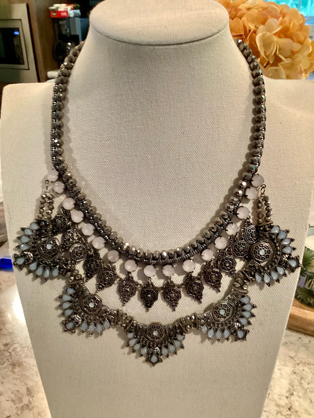Statement Boho Filigree Bib Necklace in White, Silvertone, and light blue